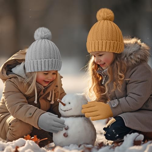 Image of JaGely Kids Beanie and Glove Set Winter Snow Warm Hat and Gloves Unisex Knit Hat with Pompom Full Fingers Ski for Boys Girls