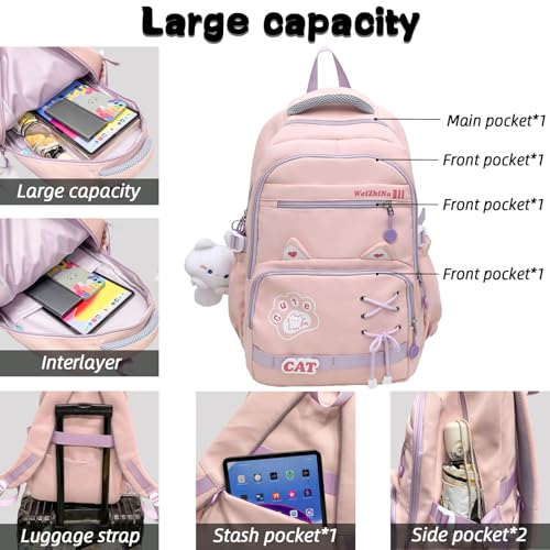 Kawaii Backpack with Cute Accessories Nylon Casual Bookbags with Pendants Lightweight Laptop Bag Travel Daypacks (Yellow)4