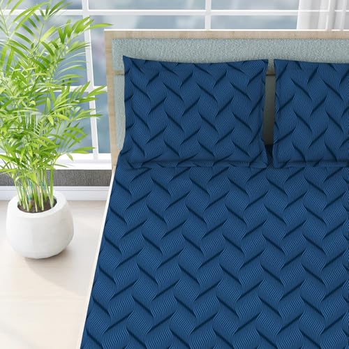 Image of BOUTIQUE LIVING India Radiance Cotton Blend 825 CVC Navy Blue King Bedsheet with 2 Pillow Covers