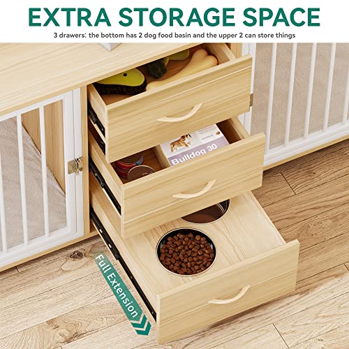 YITAHOME-74-Double-Dog-Crate-Furniture-with-2-Feeder-Bowls-Wooden-Dog-Kennel-TV-Stand-with-Room-Divider-for-2-Large-Medium-Small-Dogs-Walnut-White YITAHOME 74 Double Dog Crate Furniture with 2 Feeder Bowls Wooden Dog Kennel TV Stand with Room Divider for 2 Large Medium Small Dogs Walnut White