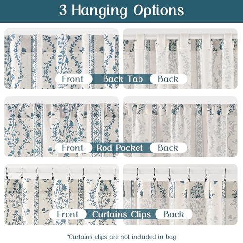 Image of Yinhua Boho Curtains for Living Room 63 Inch Length Vintage Linen Curtains for Bedroom Light Filtering Floral Window Curtain Rod Pocket & Back Tabs Rustic Tassel Drapes with Tiebacks, White Blue