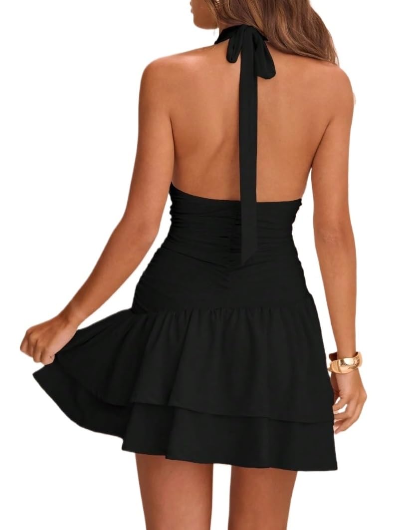 Womens Sexy Backless Ruffle Hem A-Line Cami Mini Dress Perfect For Summer Vacations And Night Outs Black