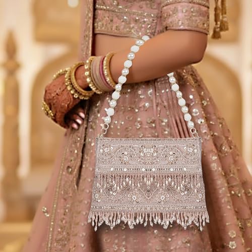 Image of Nevis PU Silk Fabric Women's Embellished bride Clutch with Pearl Handle | Fancy Designe & Wedding Potli Bag for Festive & Evening