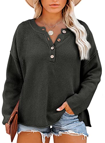 Image of Eytino Womens Plus Size Sweaters Casual Long Sleeve Loose V Neck Button Henley Tops Pullover Knit Jumpers,(1X-5X)