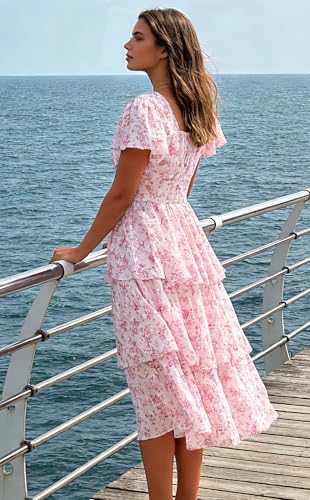 Image of Belle Poque Women's Vintage Square Neck Dress 2026 Summer Short Sleeve Layered Tiered Ruffle A-line Swing Midi Dress