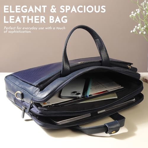 Image of STEVE JHONSON Leather Laptop Bags - 16 Inches Office Bag with Shoulder Strap, Messenger Bag for Travel, Executive Side Handbag with Metallic Closure, Laptop Sling Bag for Men (Blue)