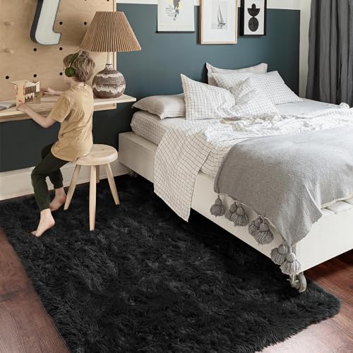 Amdrebio Black Washable Rugs for Bedroom Living Room Decor Aesthetic, Fluffy Shag Area Rugs for Kids, Men, Boys Room, Modern Cool Carpet for Classroom, Apartment, Nursery, Dorm, Office, 4x6 Rug