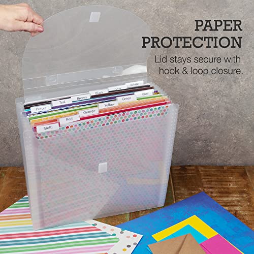 Samsill Expandable Paper Storage Organizer, 12 Pockets With Tabs, Holds 12X12 Inch Scrapbook Paper, Vinyl Paper, Clear, Secure Flap Closure, Retractable Handle #TOP4