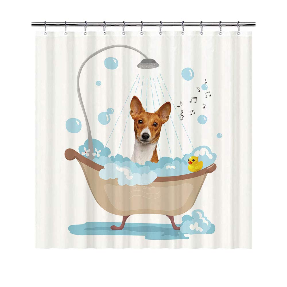 BAGEYOU Funny Dog Basenji in Bath Shower Curtains Cute Puppy Taking A Shower Waterproof Polyester Fabric Bathroom Curtain 72 x 72 Inch, with 12 Hooks