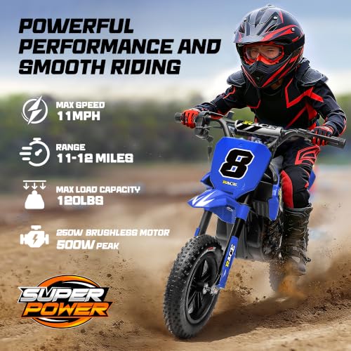 Image of 24V Kids Electric Dirt Bike - 250W Electric Motorcycle, 11 Mph Max Speed Electric Motorcycle Mini Bike with Music, 10 Miles Range, Twist Grip Throttle, Metal Suspension, Rubber Tires (Blue)