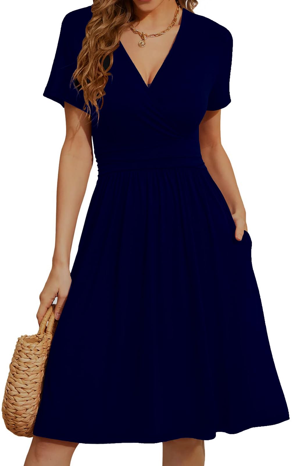 Women Casual Summer Dress 2025 Beach Vacation Floral Sundress Short Sleeve Wrap V-Neck Modest Dresses