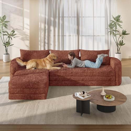 Image of Vesgantti 6 in 1 Convertible Folding Sleeper Sofa Bed, No Assembly, Orange | 110.2 inch L Shaped Modular Sectional Sofa, Curved Armrest, Deep Seat Boneless Couches for Living Room, Chenille, Left Facing