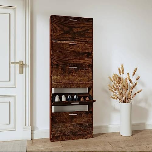 Gecheer - Armario para zapatos, roble ahumado, 59 x 17 x 169 cm, madera de ingeniería, mueble de almacenamiento, para dormitorio y entrada