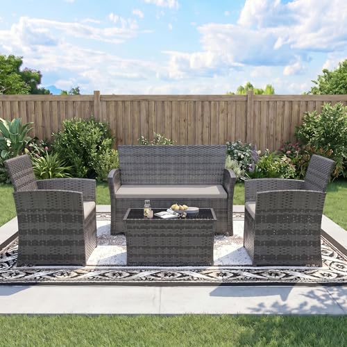 FHFO 4 Piece Outdoor Patio Furniture Sets, Wicker Sectional Conversation Sofa Set, Rattan Table and Chairs and Loveseat with Cushions for Outside Balcony Porch Backyard (Gray-Gray)