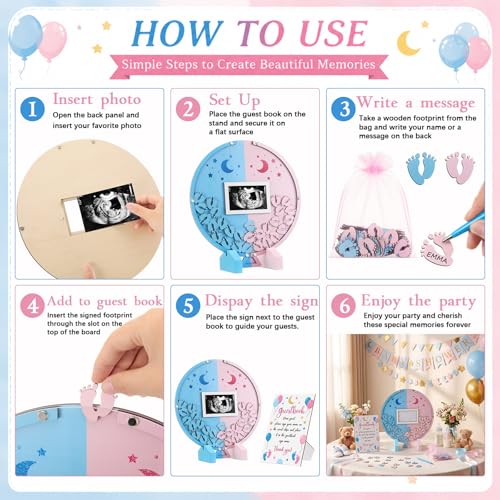 Image of Kosiz Gender Reveal Baby Shower Guest Book, Pink and Blue Footprints Acrylic Guest Book Alternative for 60 Guests, Baby Shower Sign and Nursery Keepsake