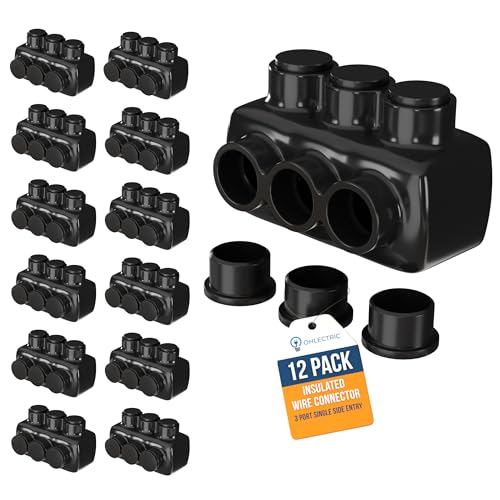 OHLECTRIC Heavy-Duty Insulated Wire Connectors (12-Pack) 3-Port Single Side Entry Electrical Lugs for 4-14 AWG Wire Range, 5/32 Hex Screw, Pre-Filled Oxide Inhibitor, Copper & Aluminum Wires UL Listed