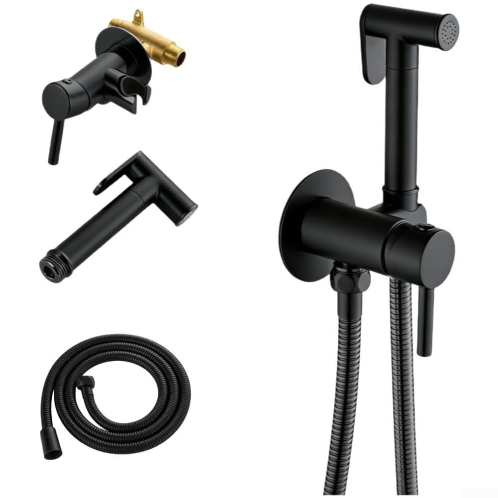 Juego de ducha de bidé montado en la pared para baño Bidé montado en la | Construcción de cobre sólido, mezcla fría caliente, flujo ajustable, elegante válvula oculta, kit de instalación completo
