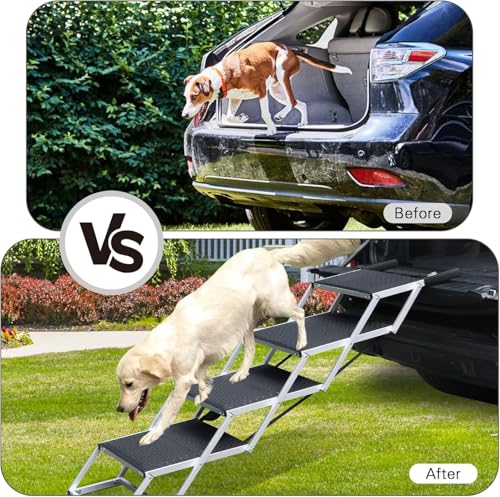 SDLDEER Hundetreppe Auto, Hunderampe Auto klappbar, Einstiegshilfe Hund Auto für alle Fahrzeuge nutzbar, Höhenverstellbar, Belastbar bis 80 kg (4 Stufen 70-90cm)