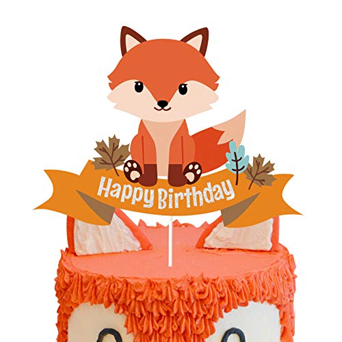 Glitter Fox Happy Birthday Cake Topper Animal Theme for Baby Shower or kids Birthday Party Decor Supplies