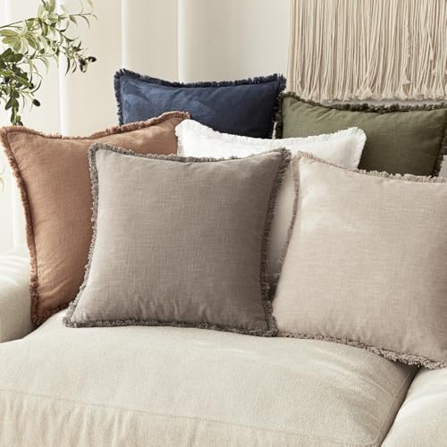 Image of Foindtower Decorative Linen Fringe Throw Pillow Covers Cozy Boho Farmhouse Cushion Cover with Tassels Soft Accent Pillowcase for Chair Sofa Bed Living Room Home Decor, 20x20 Inch,1PC,Brown Tan