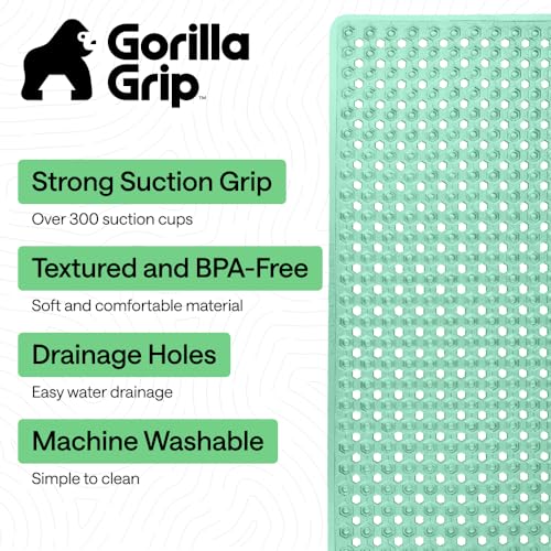 Image of GORILLA GRIP Patented Bath Tub Shower Mat, Machine Washable Bathtub Floor Liner Mats, Suction Cups and Drain Holes to Keep Tubs Clean, Soft on Feet, Bathroom Essentials, 35x16 Inch, Clear Green