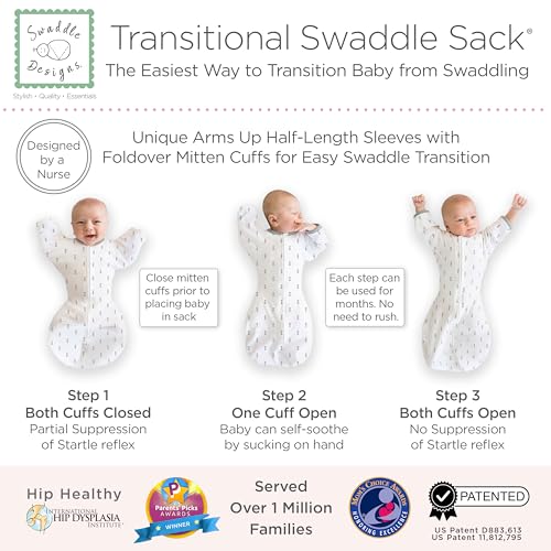 Image of SwaddleDesigns Transitional Swaddle Sack, Arms Up Half-Length Sleeves & Mitten Cuffs, Swaddle for Newborn Transition to Baby Sleep Sack Wearable Blanket, Medium, 3-6 month, 14-21 lb, Tiny Arrows