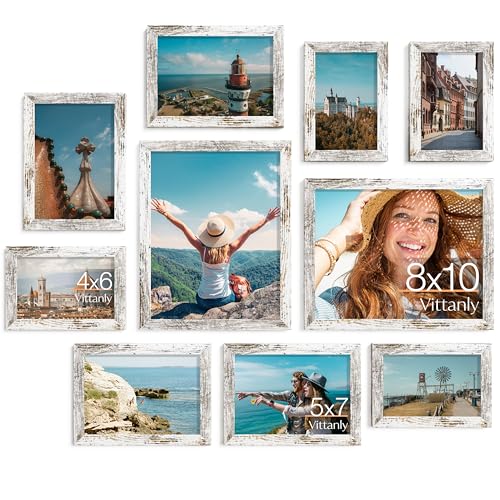 Image of Vittanly Picture Frames Set of 10, Picture Frames Collage Wall Decor with Two 8x10, Four 5x7, and Four 4x6 Photo Frames, Gallery Wall Frame Set for Wall or Tabletop Display, Distressed White