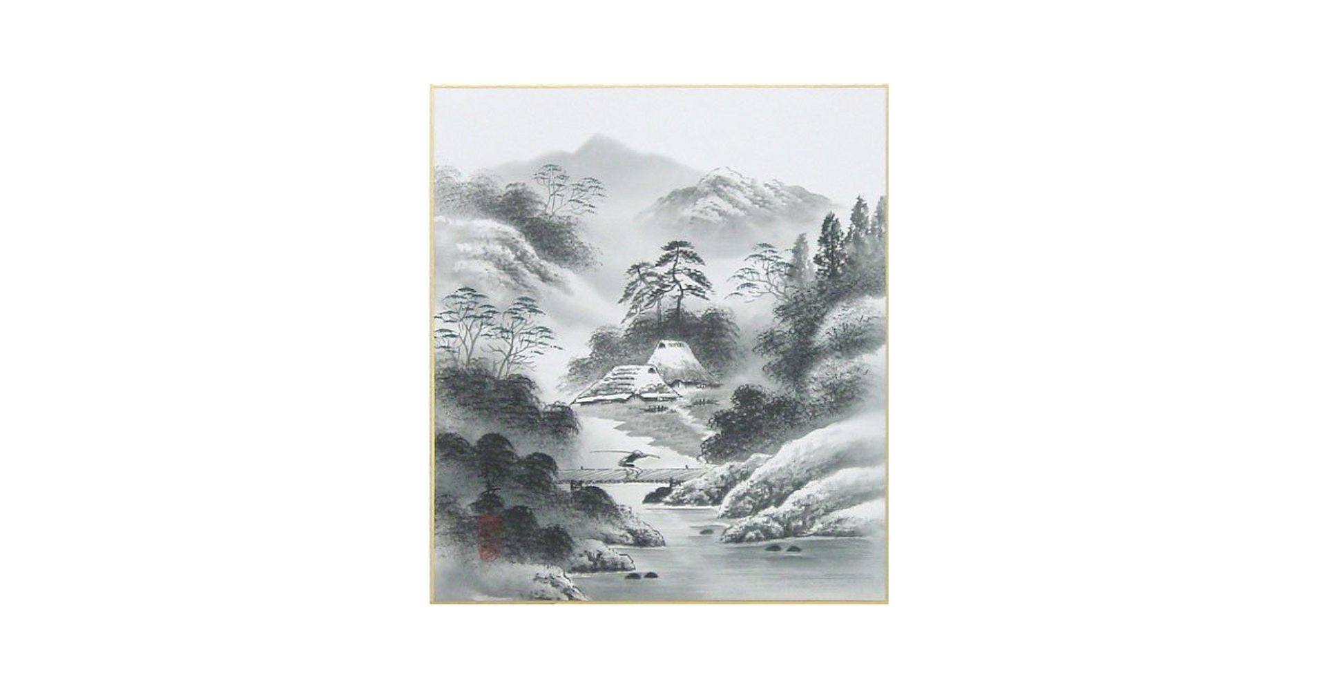 【真作】絵画　淡彩水墨画（色紙）　春景山水図　和の情景を描く　W90 真作】絵画 淡彩水墨画（色紙） 春景山水図 和の情景を描く W90