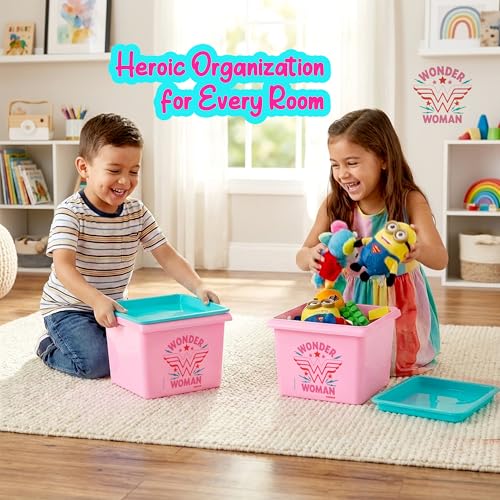 Image of Nayasa Stack N Store Wonder Women, Small, 5 ltrs | DC Superhero Print Plastic Storage Boxes Set of 3 with Lid | Side Handles | Stackable Multipurpose Organizers | Strong & Durable | Pink