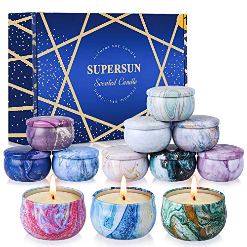 SUPERSUN Bougie Parfumées Lot de 12 x 2,5 oz, Durée Totale de Combustion 180 à 240 Heures pour L'aromathérapie,Mariage,Bath,Yoga,Cadeau de Fête des Mères et La Saint-Valentin