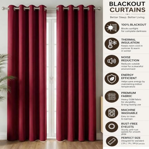Image of 100% Blackout Window Curtains, 7 Feet, Solid Design, Faux Silk, Thermal Insulated, Noise Reducing Eyelet Door Curtain with Tie Back for Living Room & Bedroom, 115x210cm, Pack of 2 - Maroon