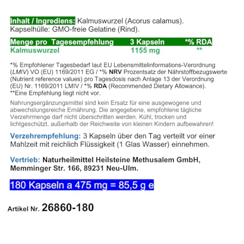 Kalmus-Wurzel Magenwurz Magen Bitter(stoffe) APERITIF & DIGESTIF Verdauung Stoffwechsel 180 Pulver Kapseln nach Ayurveda & Hildegard von Bingen - NATUR PUR ohne ZUSATZSTOFFE. 26860-180