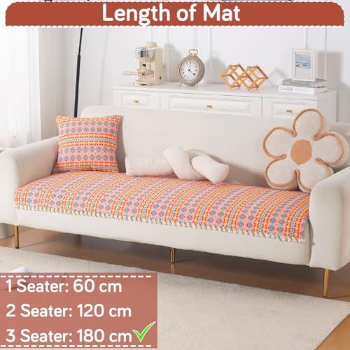 Image of HOKIPO Sofa Cover Mat with Tassel for 3 Seater Sofa | 300 GSM Thick Cotton Acrylic Jacquard Fabric,'Trivana Series' Coral Orange (IN-936-J2*S)