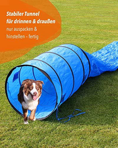 SPORTIKEL24 Agility Sacktunnel Blau – 3,80 m Länge, Ø 60 cm – Für Welpen & Anfängerhunde – mit Ösen, Heringen & Tragetasche – von Superhund