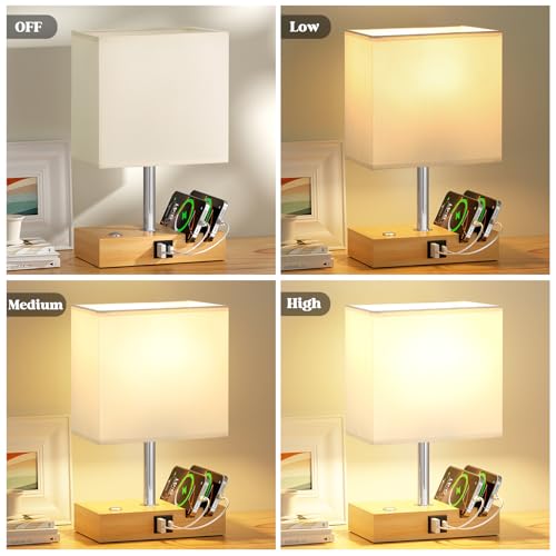 Bedside Lamps, Wooden Table Lamp for Living Room with USB A+C Charging Ports, Dimmable Touch Lamps Bedside with 2 Phone Slots, Wood Charger Organizer for Bedroom, Study, Office(Bulb Included) - Image 3