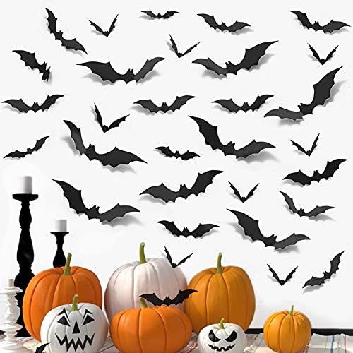 Halloween Bats Wall Decor, 108 Pcs Scary Paper Bats 4 Sizes 3D Wall Bats Stickers Decals for Bathroom Door Window Home Decorations Indoor Outdoor Waterproof DIY Party Supplies
