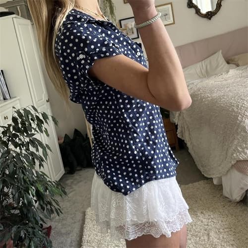 Image of Y2k Girls Vintage Coquette Button Down Shirt Women Short Sleeve V-Neck Slim Fitted T-Shirt Cute Blouse Crop Top