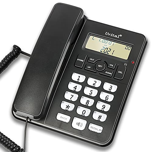 Teléfono de escritorio con cable para el hogar/hotel/oficina, volumen de timbre y altavoz ajustable, función de apagado automático, pantalla LCD de contraste ajustable, color negro Cover
