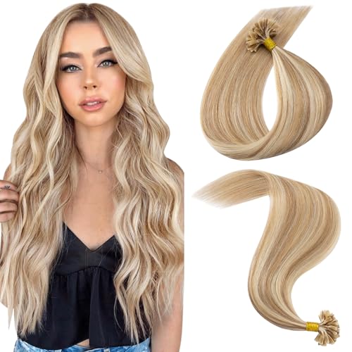 MY LADY Extensiones Queratina Pelo Natural 25pcs 40 cm Extensiones de Keratina Castaño Dorado y Rubio Cabello Humano Remy Hair U Tip Hair Extensions 25g #12P613