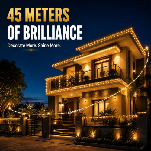 Image of Gesto 45 Meter LED String Lights - Warm White 8mm Big Led Fairy Lights for Decoration | 360 Glow Waterproof Copper Wire Lights for Home Decor Balcony Outdoor Christmas & Diwali Decoration- Pack of 10
