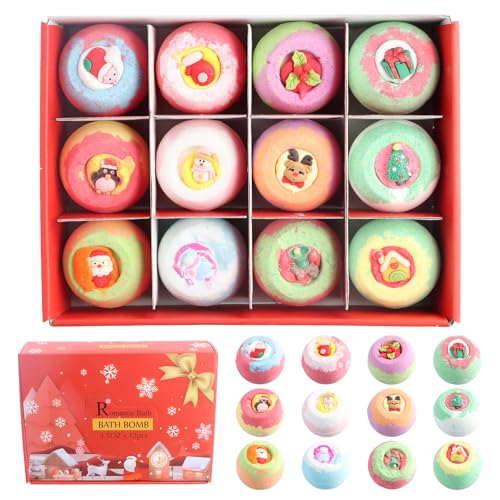Focenat 12 Piezas Navidad Bombas de Baño, Set Bolas de Baño con Aceites Esenciales Naturales, Sales de Baño Relajantes y Espuma, Bath bombs Baño de Burbujas, Navidad Regalos para Mujer
