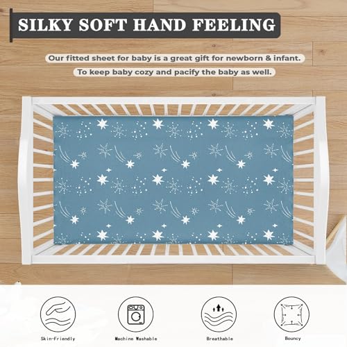 Image of Stars Baby Crib Sheets for Boys Girls Blue Fitted Crib Sheet for Standard Crib and Toddler Mattress Sky Baby Mattress Sheets Toddler Bed Sheet 52x28x8 in