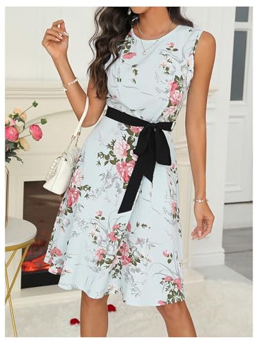 SweatyRocks Women's Floral Print Flared Dress Sleeveless Round Neck Belted A Lined Dresses4