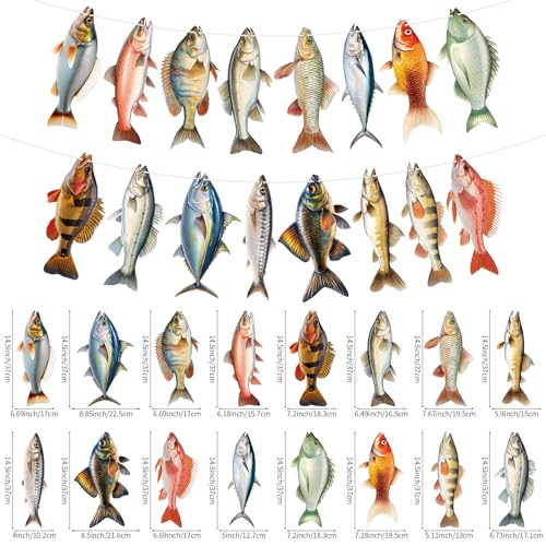 Image of Hooqict Fishing Hanging Banner Garland Fish Birthday Party Banner for Fish Birthday Party Decorations Gone Fishing Party Supplies Under The Sea Baby Shower Retirement Fathers Day Decorations