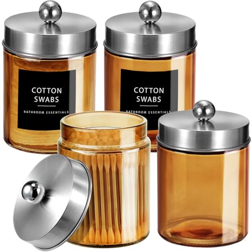 Amolliar Bronze Amber Glass Apothecary Jar Qtip Holder Brushed Nickel 4Pack | Bathroom Canister With Metal Lid, Q tip Dispenser Holder for Cotton Balls, Cotton Swabs, Floss Picks, Vanity Makeup Organizer