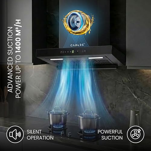 Image of Cadlec PeakFlow 60cm Filterless T-Shape Kitchen Chimney | 1400 m /hr Powerful Suction | Auto Clean with Oil Collector | Feather Touch + Gesture Control Technology | 20-Year Warranty | Black