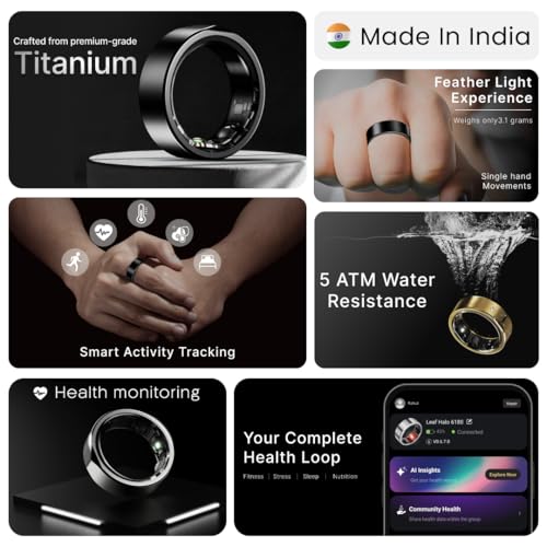 Image of Leaf Halo Smart Ring | Health Tracker | Sleep, Fitness, Stress | Includes 30+ Workout Modes | Battery upto 10 Days | Buy Sizing Kit First | Track Steps, HRV, SPO2 & Periods | Carbon Black - Size 9