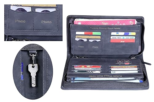 Image of Sukeshcraft Multiple Cheque Book Holder | Original PU Holds Upto 8 Cheque Books, 1 Pin-Sim Slot,14 Credit /Debit Card Slots with Matching Zipper (Pu- Black)