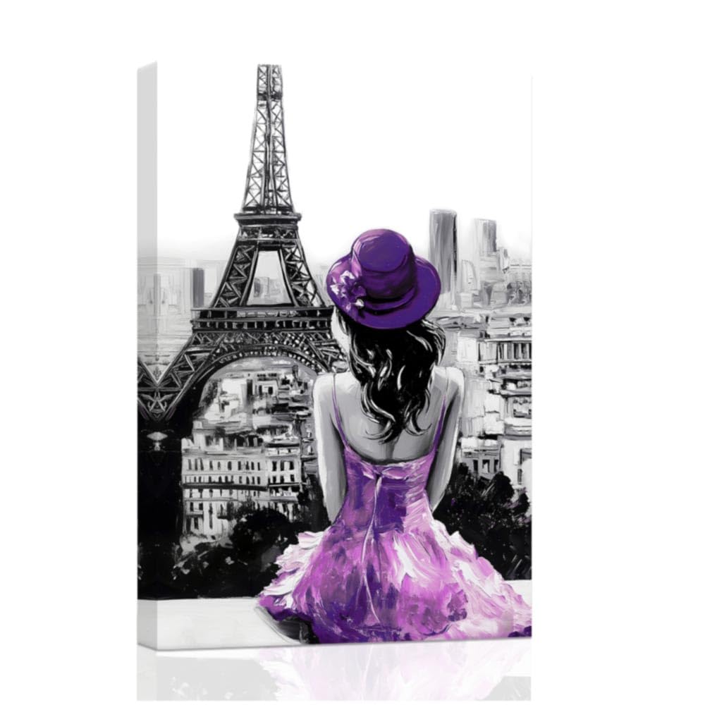 ZXHYWYM Eiffel Tower Wall Art Paris Canvas Prints Girls Room Wall Decor Black and White Painting Women Pictures for Bedroom Girly Apartment Dorm Decor Framed (Purple, (30.00 x 45.00 cms))