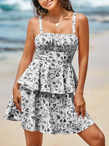 Image of Wenrine Womens Floral Mini Dress Spaghetti Strap Sleeveless Tie Back Ruffle Summer Tiered Dresses